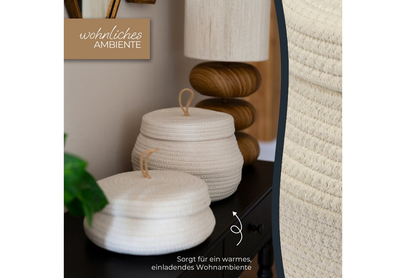 HMF Aufbewahrungskorb Aufbewahrungskorb Badezimmer rund, Korb mit Deckel, aus Baumwolle, Badezimmerkorb, Hoch, 25,5 x 19 cm, Creme – Bild 4 von 5