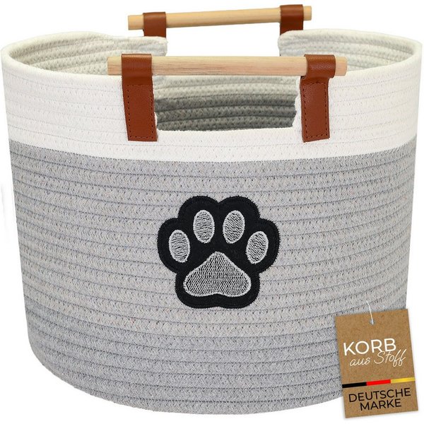 HMF Aufbewahrungskorb Aufbewahrungskorb mit Holzgriffen, runder Korb, Baumwolle für Kinderzimmer oder Babyzimmer, Hundepfote 30 x 30 x 24 cm