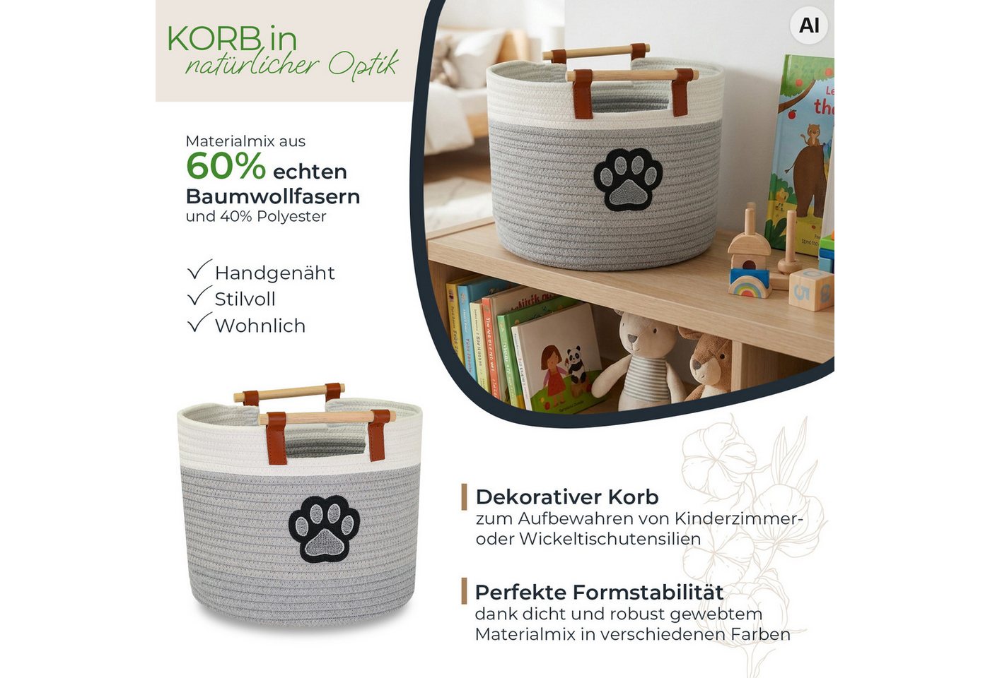 HMF Aufbewahrungskorb Aufbewahrungskorb mit Holzgriffen, runder Korb, Baumwolle für Kinderzimmer oder Babyzimmer, Hundepfote 30 x 30 x 24 cm – Bild 2 von 5