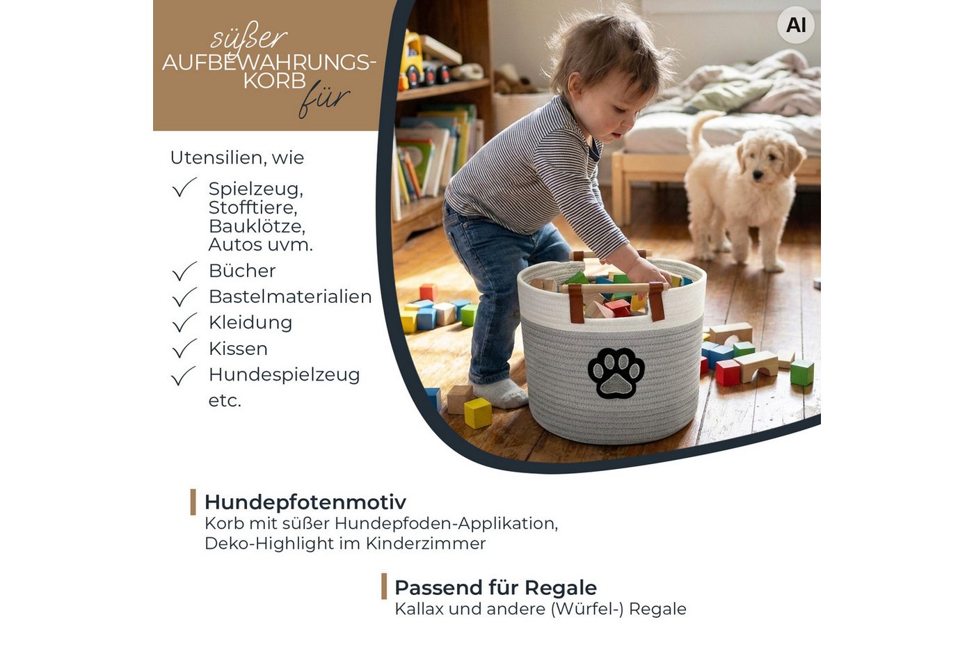 HMF Aufbewahrungskorb Aufbewahrungskorb mit Holzgriffen, runder Korb, Baumwolle für Kinderzimmer oder Babyzimmer, Hundepfote 30 x 30 x 24 cm – Bild 3 von 5