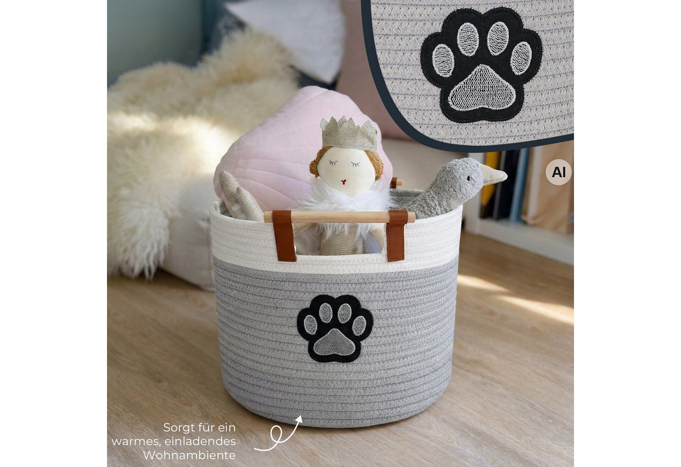 HMF Aufbewahrungskorb Aufbewahrungskorb mit Holzgriffen, runder Korb, Baumwolle für Kinderzimmer oder Babyzimmer, Hundepfote 30 x 30 x 24 cm – Bild 4 von 5