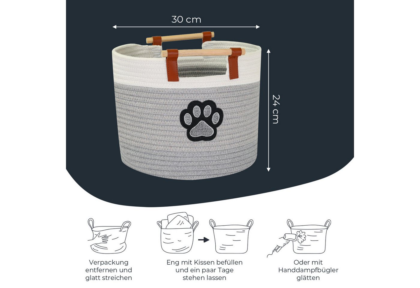 HMF Aufbewahrungskorb Aufbewahrungskorb mit Holzgriffen, runder Korb, Baumwolle für Kinderzimmer oder Babyzimmer, Hundepfote 30 x 30 x 24 cm – Bild 5 von 5
