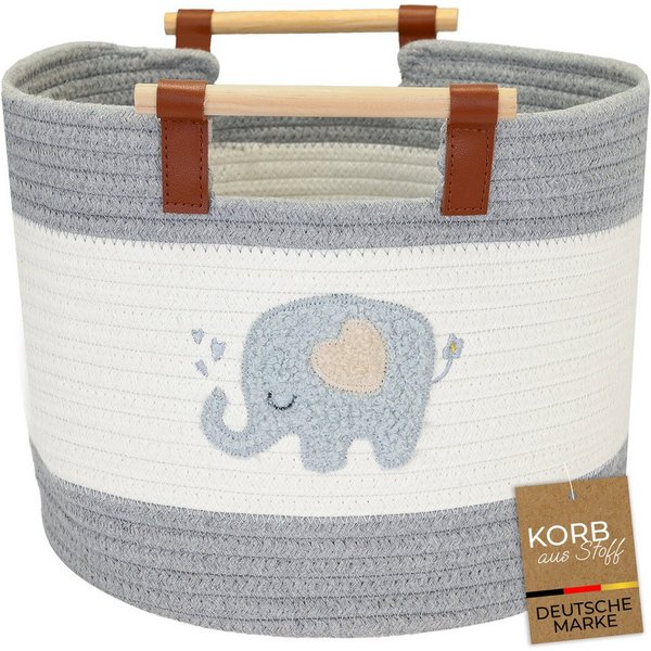 HMF Aufbewahrungskorb Aufbewahrungskorb mit Holzgriffen, runder Korb, Baumwolle für Kinderzimmer oder Babyzimmer, Elefant, 30 x 30 x 24 cm