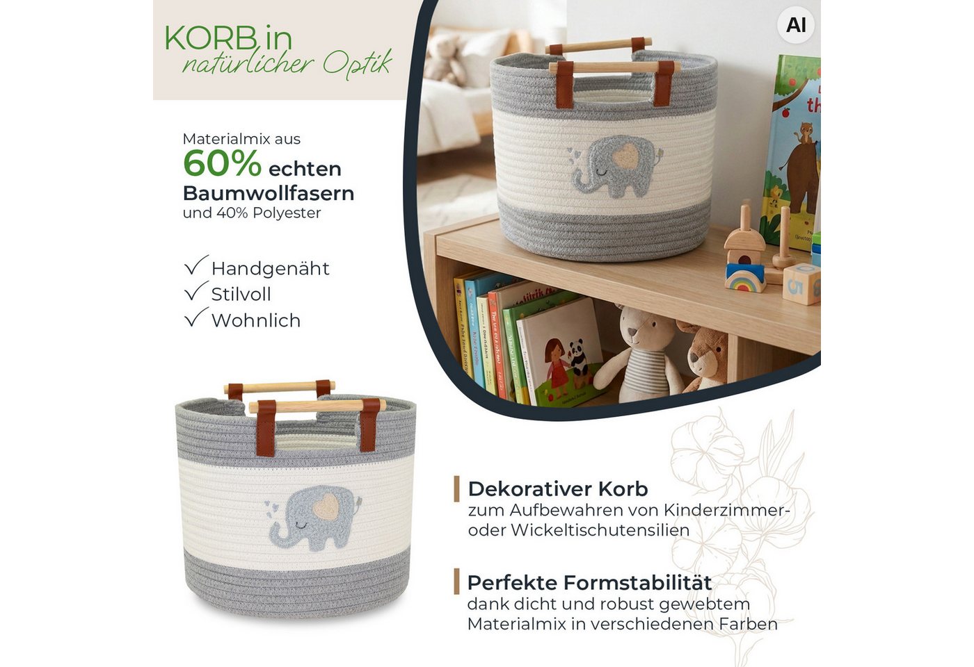 HMF Aufbewahrungskorb Aufbewahrungskorb mit Holzgriffen, runder Korb, Baumwolle für Kinderzimmer oder Babyzimmer, Elefant, 30 x 30 x 24 cm – Bild 2 von 5