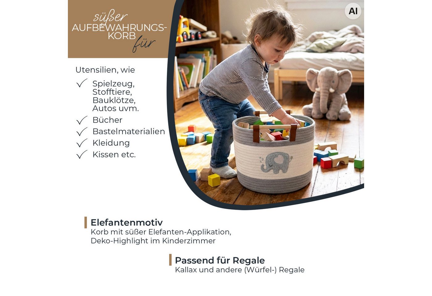 HMF Aufbewahrungskorb Aufbewahrungskorb mit Holzgriffen, runder Korb, Baumwolle für Kinderzimmer oder Babyzimmer, Elefant, 30 x 30 x 24 cm – Bild 3 von 5