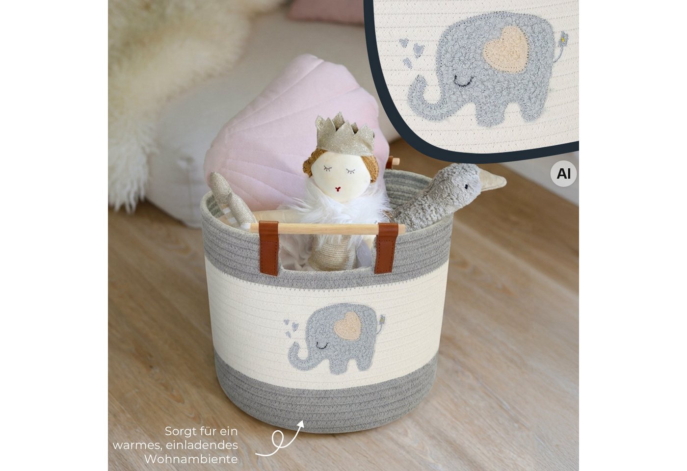 HMF Aufbewahrungskorb Aufbewahrungskorb mit Holzgriffen, runder Korb, Baumwolle für Kinderzimmer oder Babyzimmer, Elefant, 30 x 30 x 24 cm – Bild 4 von 5