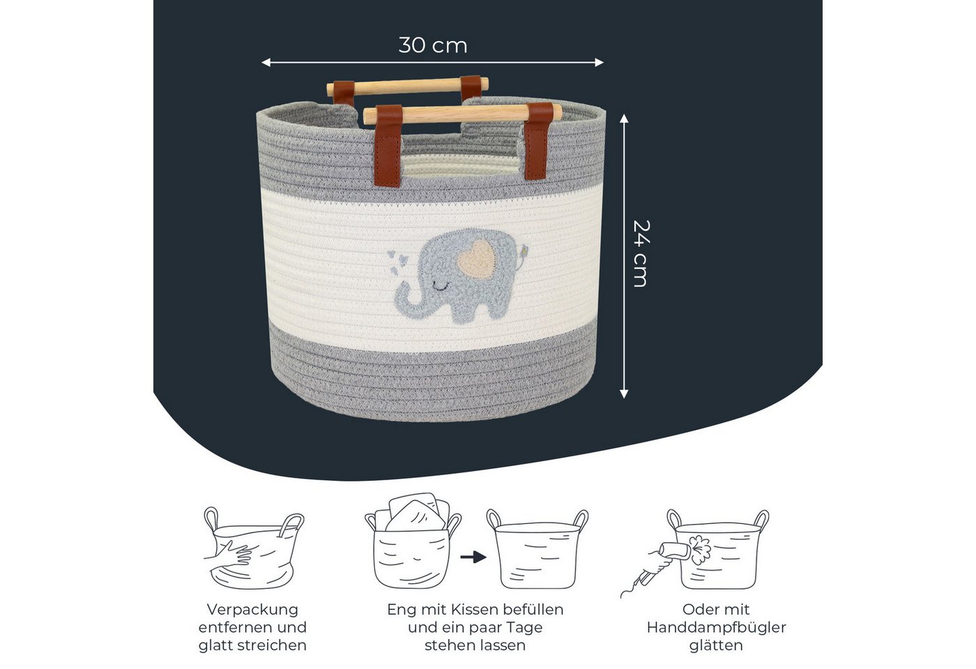 HMF Aufbewahrungskorb Aufbewahrungskorb mit Holzgriffen, runder Korb, Baumwolle für Kinderzimmer oder Babyzimmer, Elefant, 30 x 30 x 24 cm – Bild 5 von 5