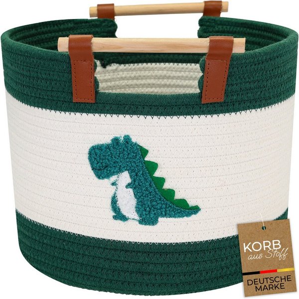 HMF Aufbewahrungskorb Aufbewahrungskorb mit Holzgriffen, runder Korb, für Kinderzimmer oder Babyzimmer, Dinosaurier, 30 x 30 x 24 cm
