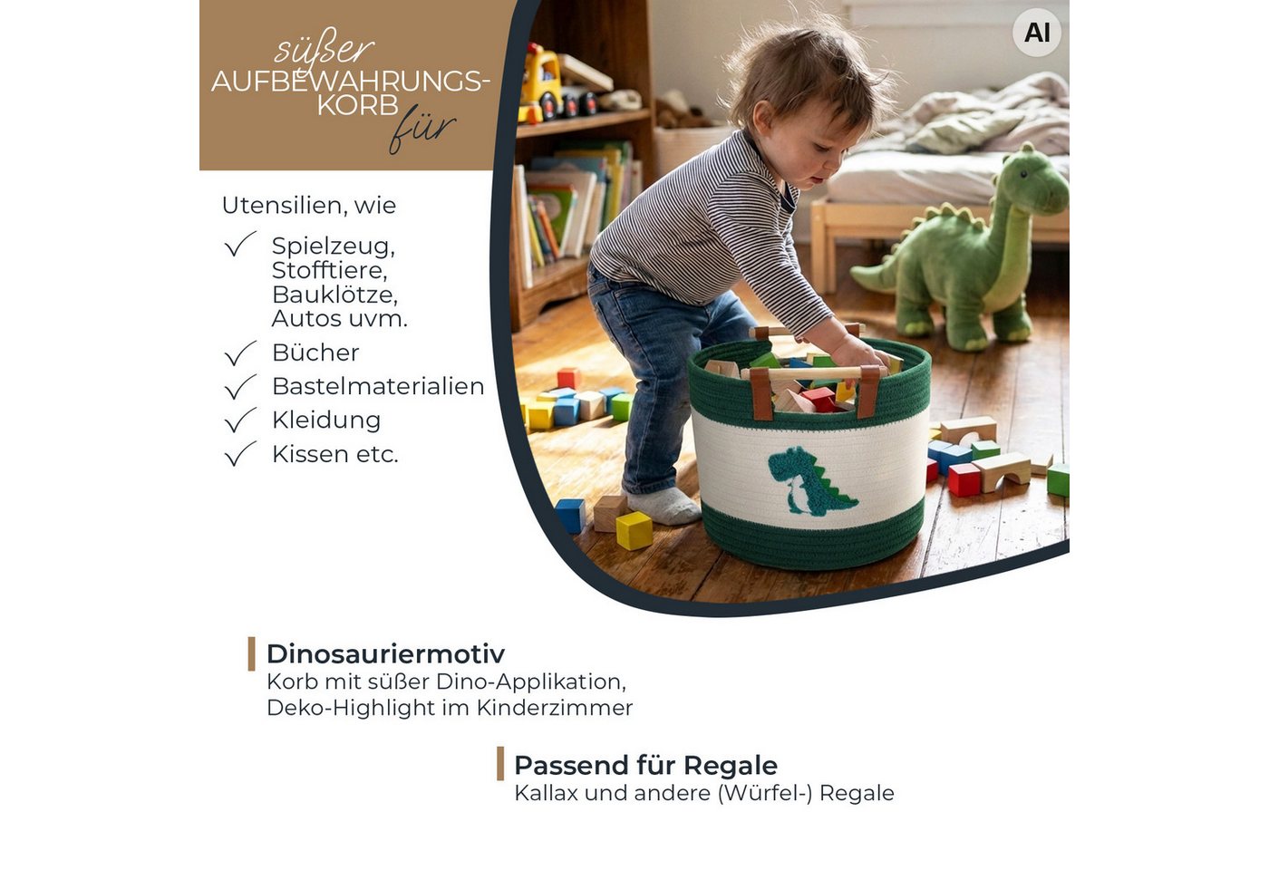 HMF Aufbewahrungskorb Aufbewahrungskorb mit Holzgriffen, runder Korb, für Kinderzimmer oder Babyzimmer, Dinosaurier, 30 x 30 x 24 cm – Bild 3 von 5