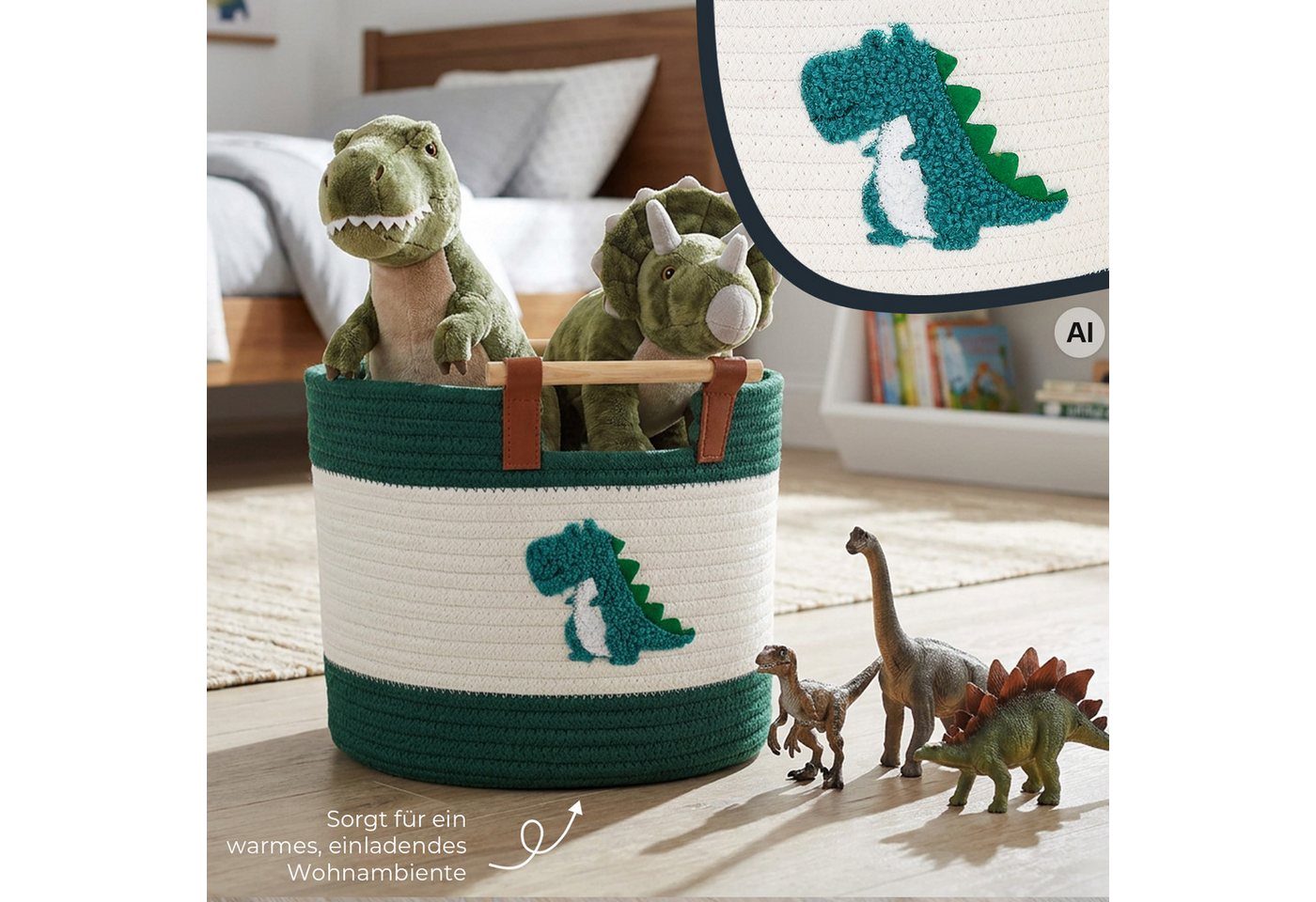 HMF Aufbewahrungskorb Aufbewahrungskorb mit Holzgriffen, runder Korb, für Kinderzimmer oder Babyzimmer, Dinosaurier, 30 x 30 x 24 cm – Bild 4 von 5