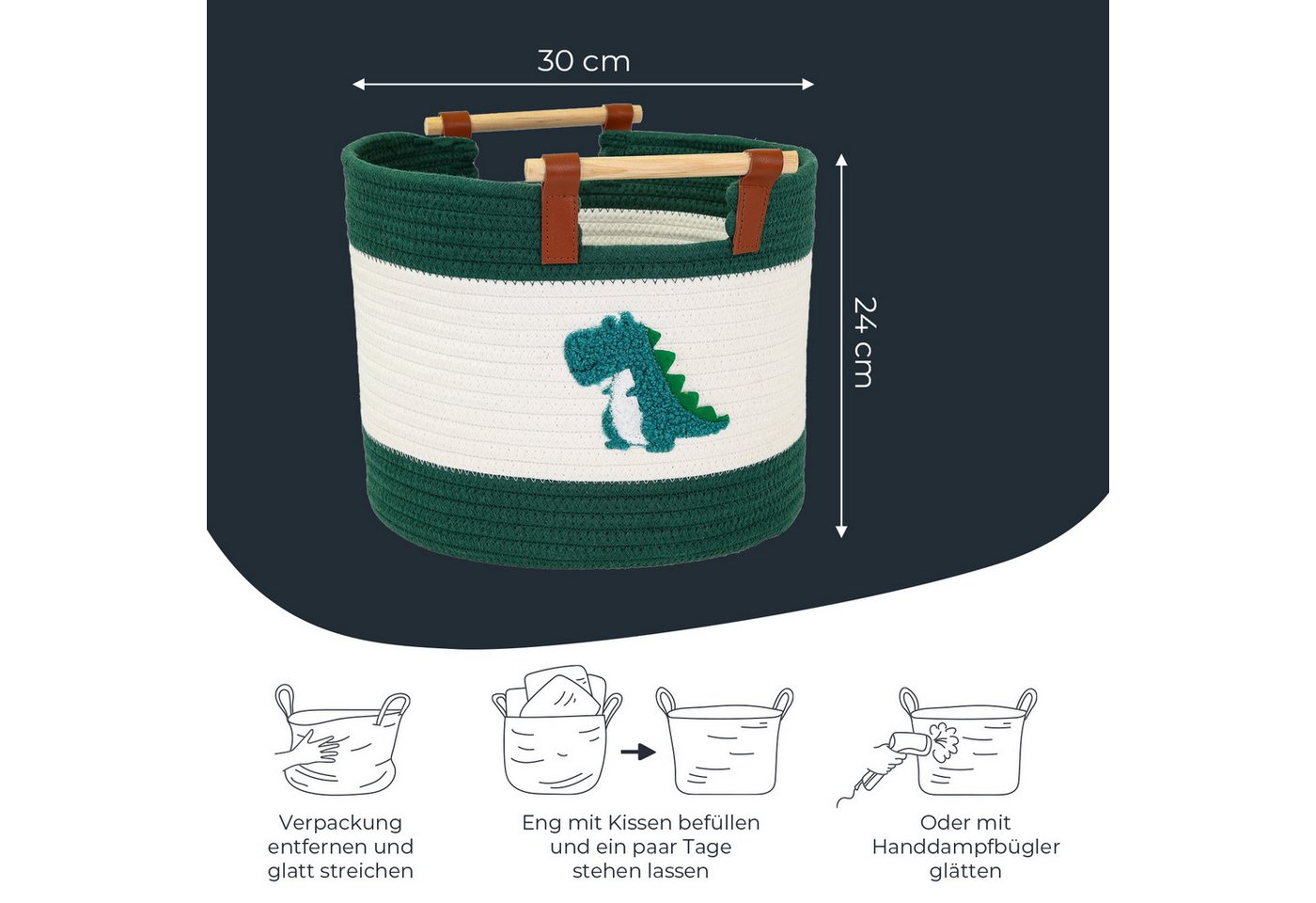 HMF Aufbewahrungskorb Aufbewahrungskorb mit Holzgriffen, runder Korb, für Kinderzimmer oder Babyzimmer, Dinosaurier, 30 x 30 x 24 cm – Bild 5 von 5