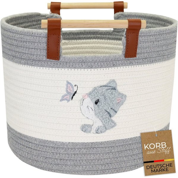 HMF Aufbewahrungskorb Aufbewahrungskorb mit Holzgriffen, runder Korb, Baumwolle für Kinderzimmer oder Babyzimmer, Katze, 30 x 30 x 24 cm