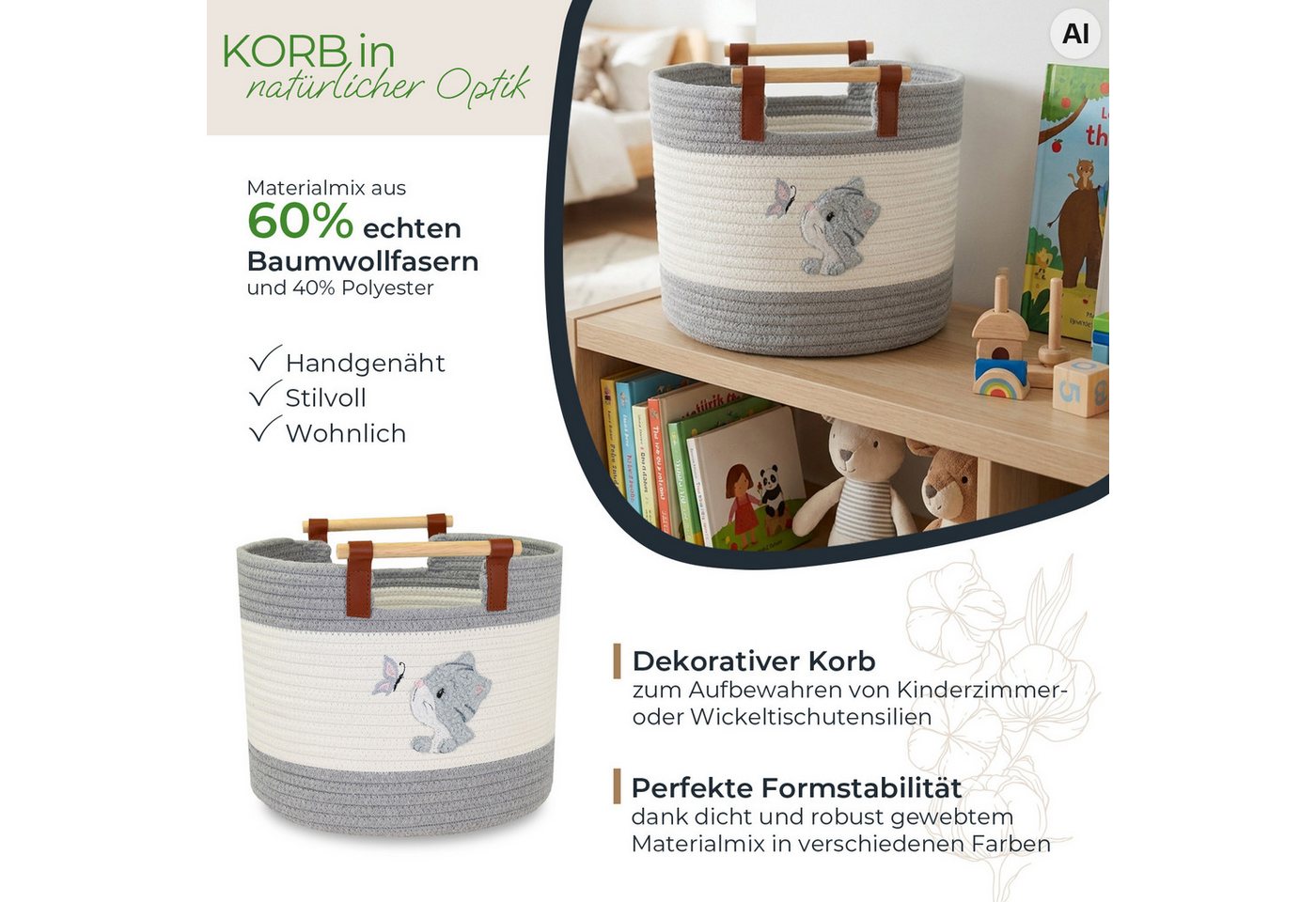 HMF Aufbewahrungskorb Aufbewahrungskorb mit Holzgriffen, runder Korb, Baumwolle für Kinderzimmer oder Babyzimmer, Katze, 30 x 30 x 24 cm – Bild 2 von 5