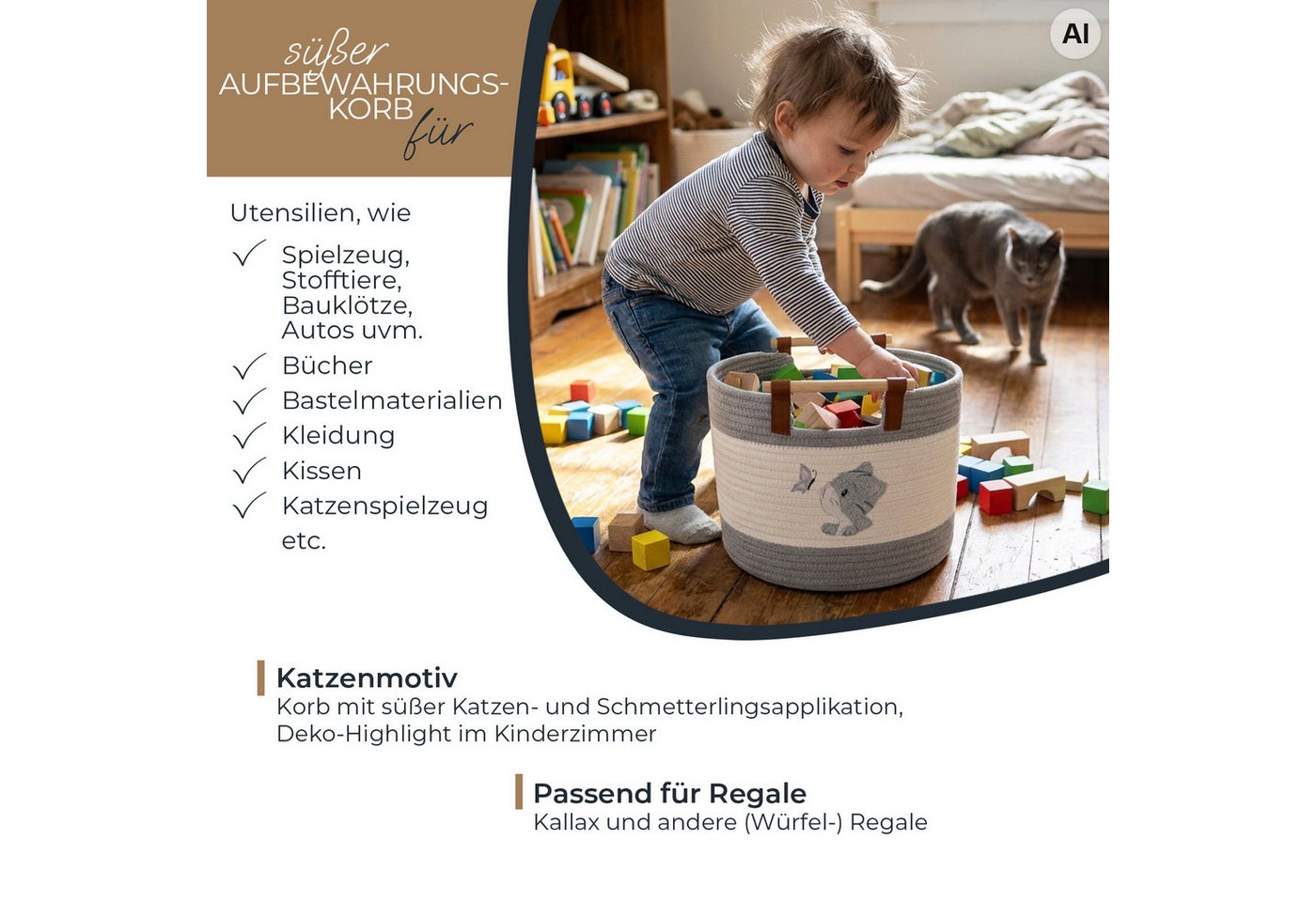 HMF Aufbewahrungskorb Aufbewahrungskorb mit Holzgriffen, runder Korb, Baumwolle für Kinderzimmer oder Babyzimmer, Katze, 30 x 30 x 24 cm – Bild 3 von 5