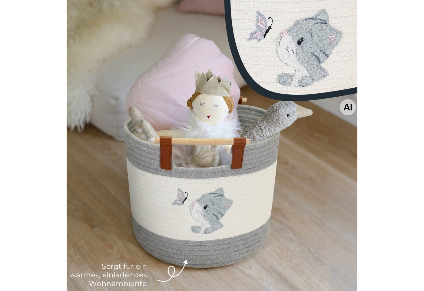 HMF Aufbewahrungskorb Aufbewahrungskorb mit Holzgriffen, runder Korb, Baumwolle für Kinderzimmer oder Babyzimmer, Katze, 30 x 30 x 24 cm – Bild 4 von 5