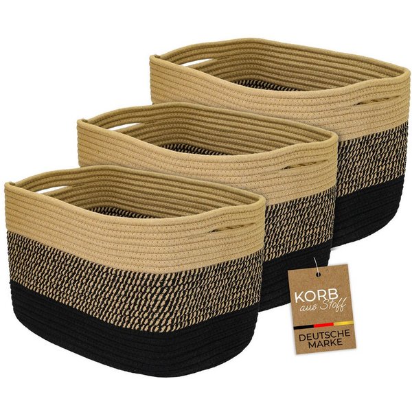 HMF Aufbewahrungskorb Aufbewahrungskorb mit versteckten Griffen (Set, 3er), Korb aus Baumwolle, 37,5 x 25 x 22,5 cm, Schwarz-Honig