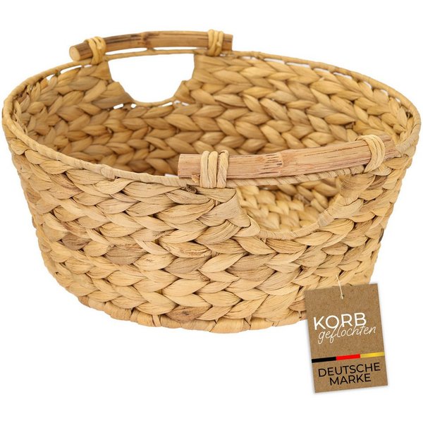 HMF Aufbewahrungskorb Aufbewahrungskorb rund, Geschenkkorb leer geflochten, aus Wasserhyazinthe mit Holzgriffen, 30 x 12 cm, Naturfarben