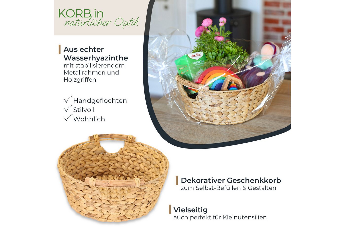 HMF Aufbewahrungskorb Aufbewahrungskorb rund, Geschenkkorb leer geflochten, aus Wasserhyazinthe mit Holzgriffen, 30 x 12 cm, Naturfarben – Bild 2 von 5