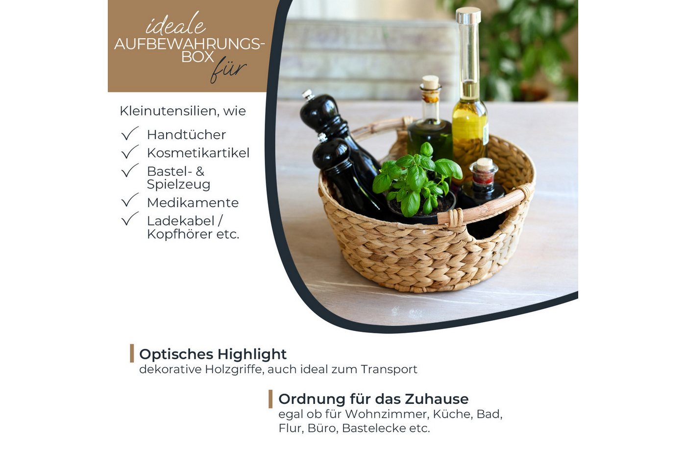 HMF Aufbewahrungskorb Aufbewahrungskorb rund, Geschenkkorb leer geflochten, aus Wasserhyazinthe mit Holzgriffen, 30 x 12 cm, Naturfarben – Bild 3 von 5