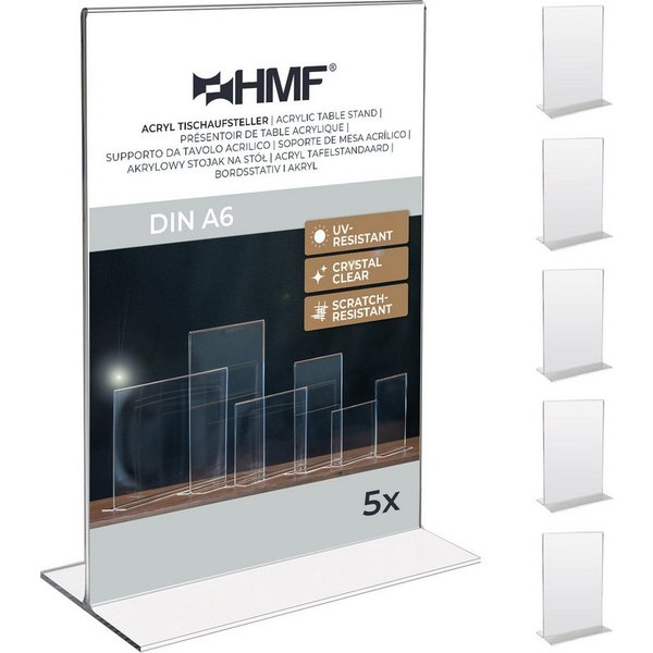 HMF Bilderrahmen Acryl Tischaufsteller im DIN A6 Hochformat, Menükartenhalter für, für 1 Bilder (5 St), Restaurants, Präsentation, T-Aufsteller, 5 Stück, Transp