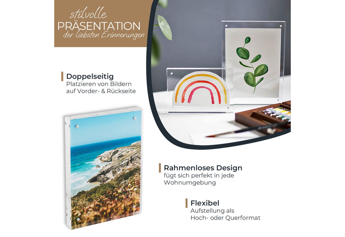 HMF Bilderrahmen Magnetischer Bilderrahmen aus Acrylglas, für 2 Bilder, im Format 9 x 13 cm, 10 x 15 cm und DIN A6, Transparent – Bild 2 von 5