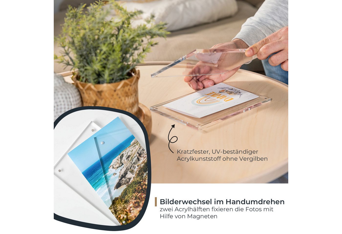 HMF Bilderrahmen Magnetischer Bilderrahmen aus Acrylglas, für 2 Bilder, im Format 9 x 13 cm, 10 x 15 cm und DIN A6, Transparent – Bild 3 von 5