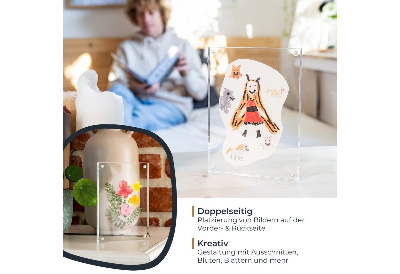 HMF Bilderrahmen Magnetischer Bilderrahmen aus Acrylglas, für 2 Bilder, im Format 9 x 13 cm, 10 x 15 cm und DIN A6, Transparent – Bild 4 von 5