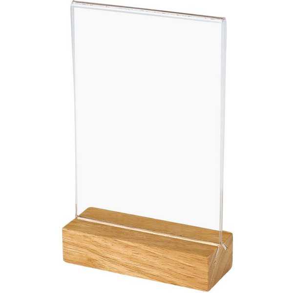 HMF Einzelrahmen Acryl Tischaufsteller im DIN A6 Hochformat, (1 St), Tischkartenhalter mit massivem Holzfuß aus Eiche T-Aufsteller Glasklar