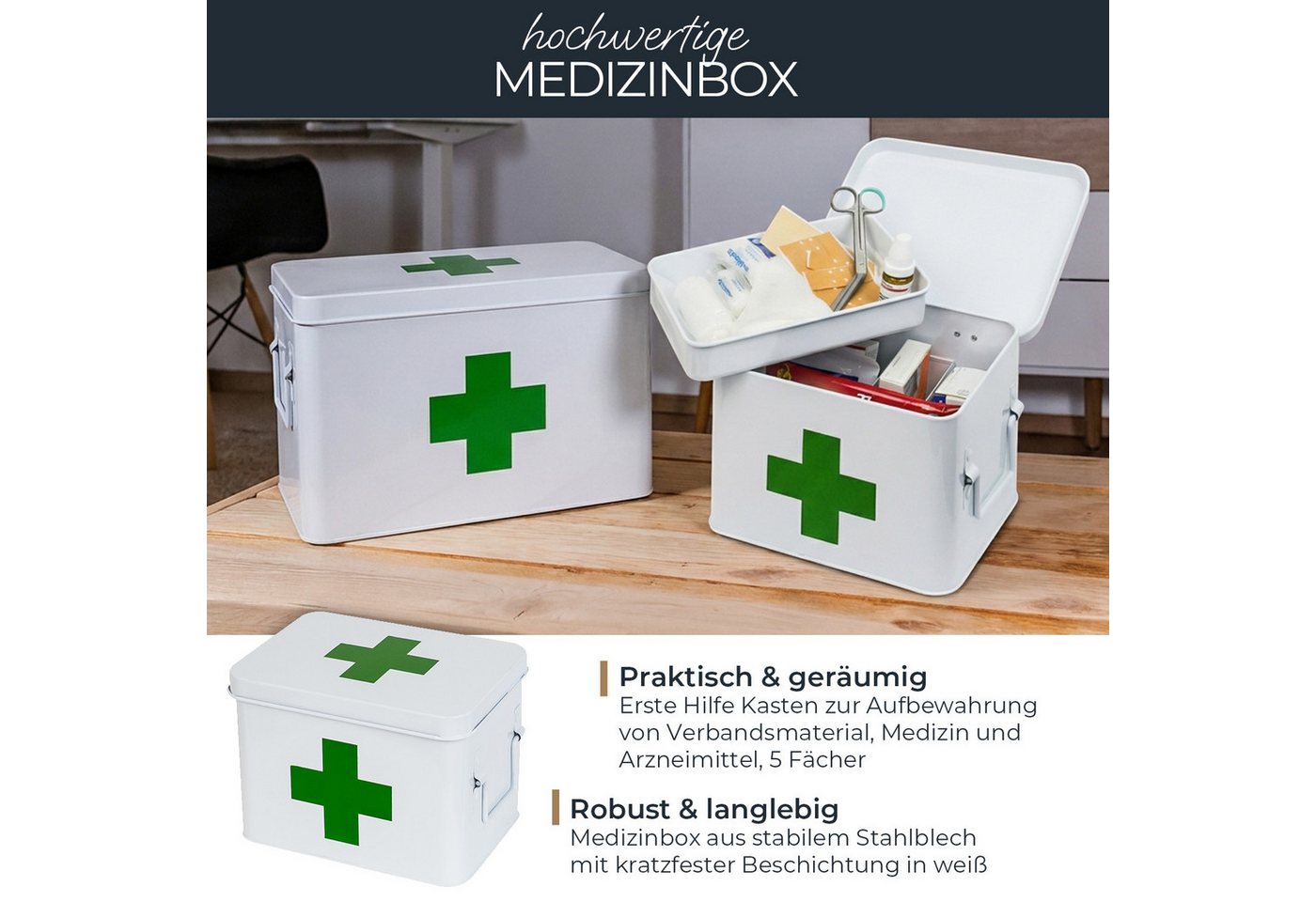 HMF Erste-Hilfe-Koffer Medizinkoffer, Hausapotheke, Medikamentenkoffer aus Metall, mit Tragegriffen, 22,5 x 16,5 x 15,5 cm, weiß – Bild 2 von 5