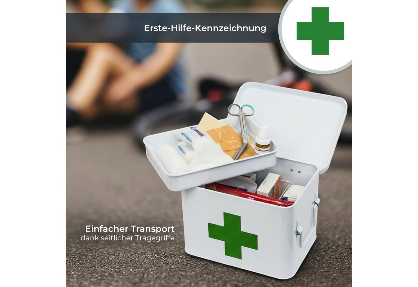 HMF Erste-Hilfe-Koffer Medizinkoffer, Hausapotheke, Medikamentenkoffer aus Metall, mit Tragegriffen, 22,5 x 16,5 x 15,5 cm, weiß – Bild 3 von 5