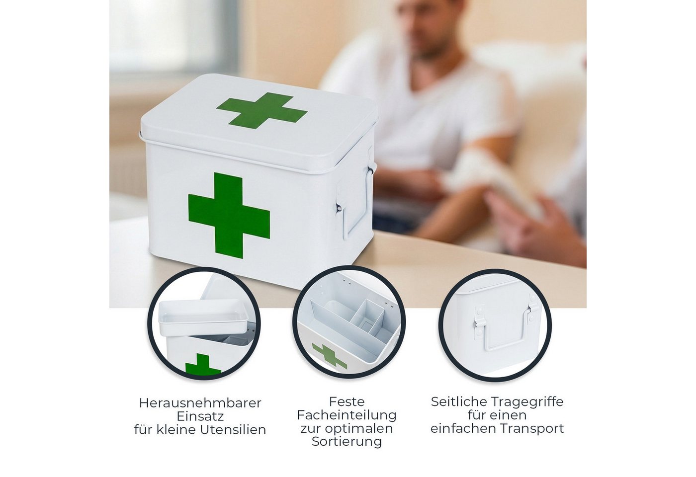 HMF Erste-Hilfe-Koffer Medizinkoffer, Hausapotheke, Medikamentenkoffer aus Metall, mit Tragegriffen, 22,5 x 16,5 x 15,5 cm, weiß – Bild 4 von 5