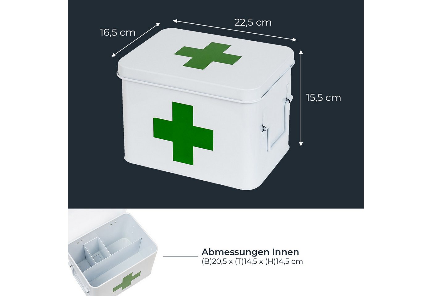 HMF Erste-Hilfe-Koffer Medizinkoffer, Hausapotheke, Medikamentenkoffer aus Metall, mit Tragegriffen, 22,5 x 16,5 x 15,5 cm, weiß – Bild 5 von 5