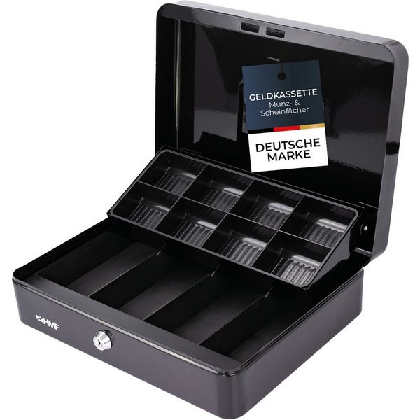 HMF Geldkassette Geldkassette abschließbar, Kasse mit 8 Münzfächern, und 4 Geldscheinmulden, 30 x 24 x 9 cm, schwarz