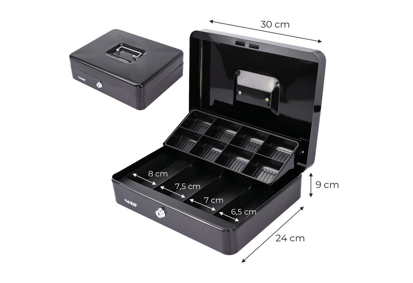 HMF Geldkassette Geldkassette abschließbar, Kasse mit 8 Münzfächern, und 4 Geldscheinmulden, 30 x 24 x 9 cm, schwarz – Bild 5 von 5