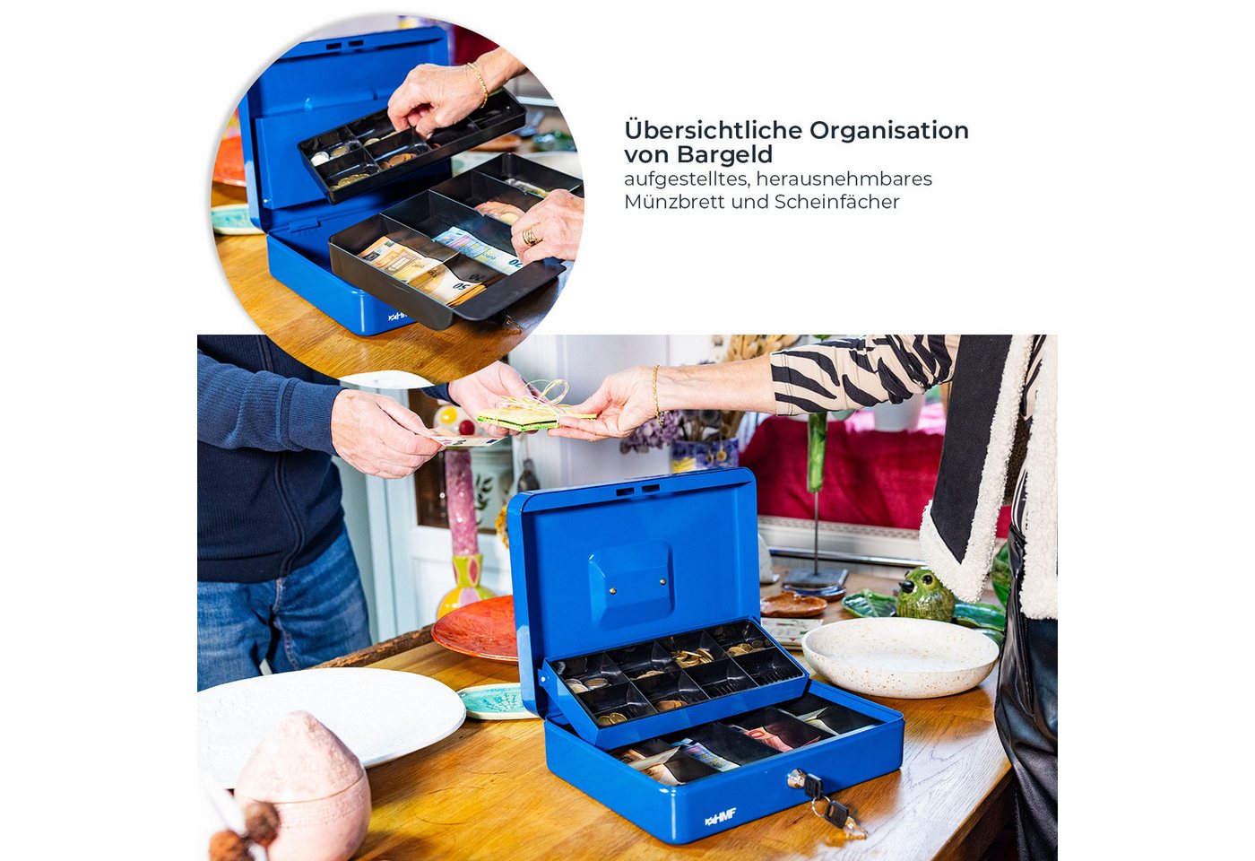 HMF Geldkassette Geldkassette abschließbar, Kasse mit 8 Münzfächern, und 4 Geldscheinmulden, 30 x 24 x 9 cm, blau – Bild 2 von 5