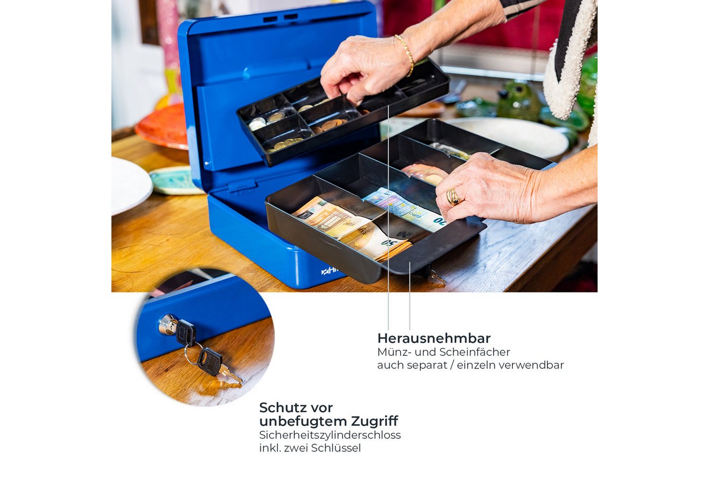 HMF Geldkassette Geldkassette abschließbar, Kasse mit 8 Münzfächern, und 4 Geldscheinmulden, 30 x 24 x 9 cm, blau – Bild 4 von 5