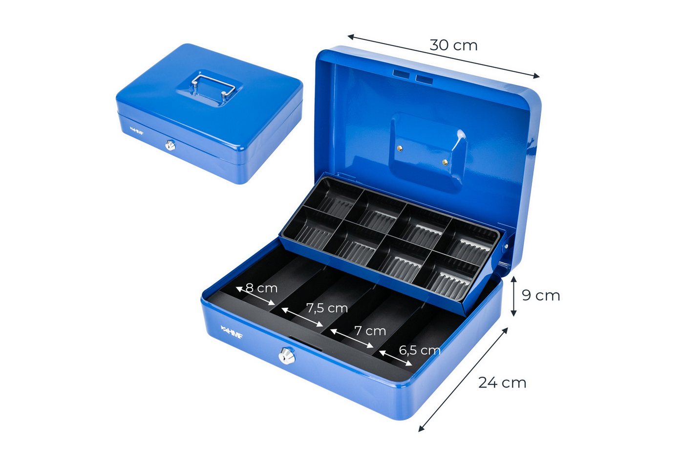 HMF Geldkassette Geldkassette abschließbar, Kasse mit 8 Münzfächern, und 4 Geldscheinmulden, 30 x 24 x 9 cm, blau – Bild 5 von 5