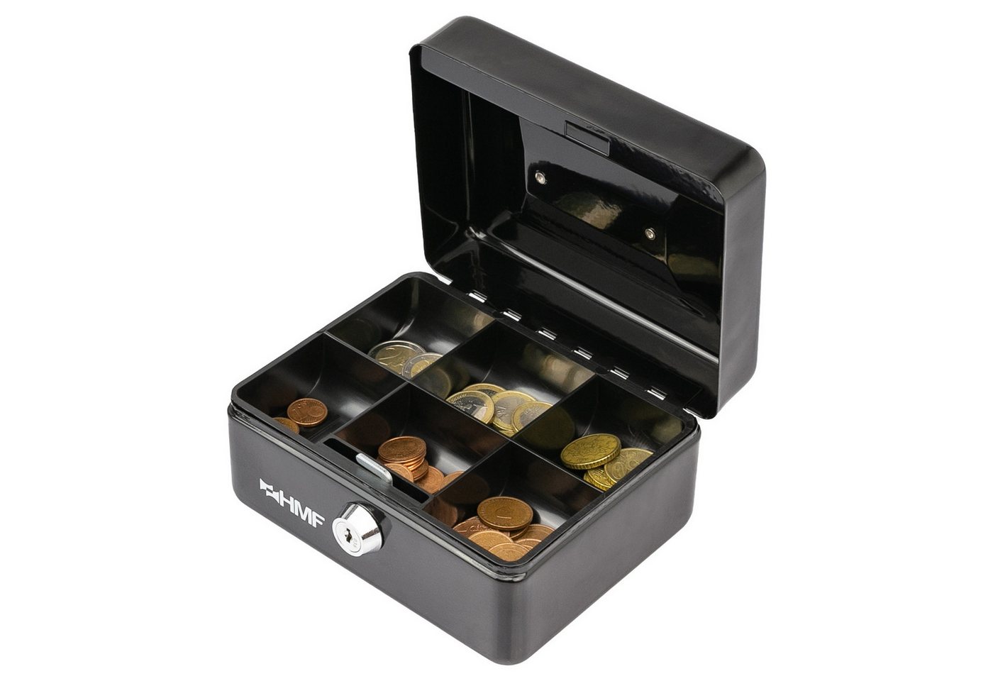 HMF Geldkassette Geldkassette abschließbar, Kasse mit Münzeinsatz, Geldkasse mit 6 Münzfächern 15 x 12 x 8 cm Schwarz – Bild 4 von 5