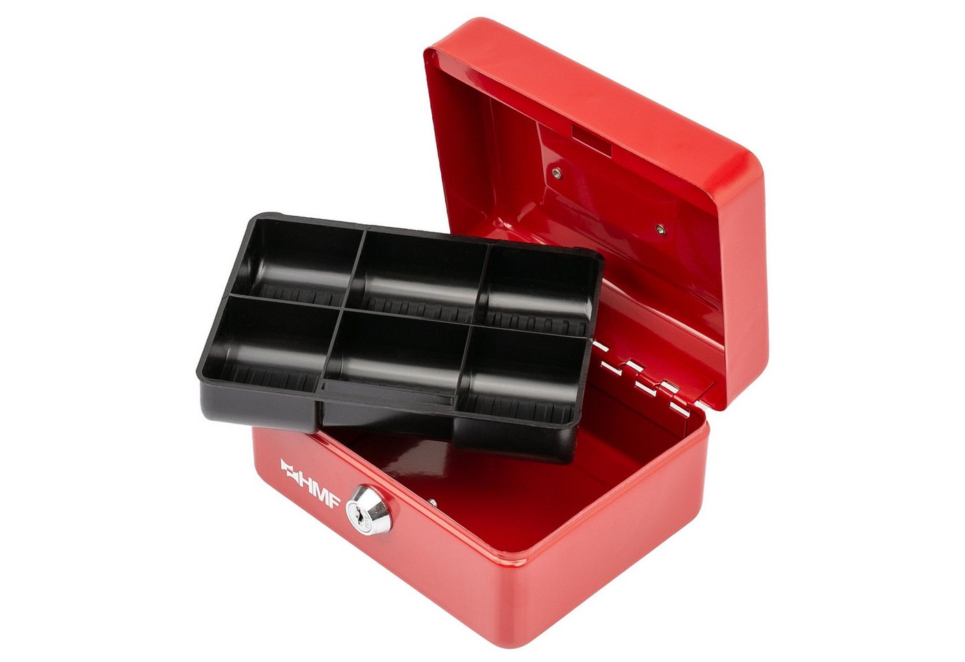 HMF Geldkassette Geldkassette abschließbar, Kasse mit Münzeinsatz, Geldkasse mit 6 Münzfächern 15 x 12 x 8 cm Rot – Bild 2 von 5