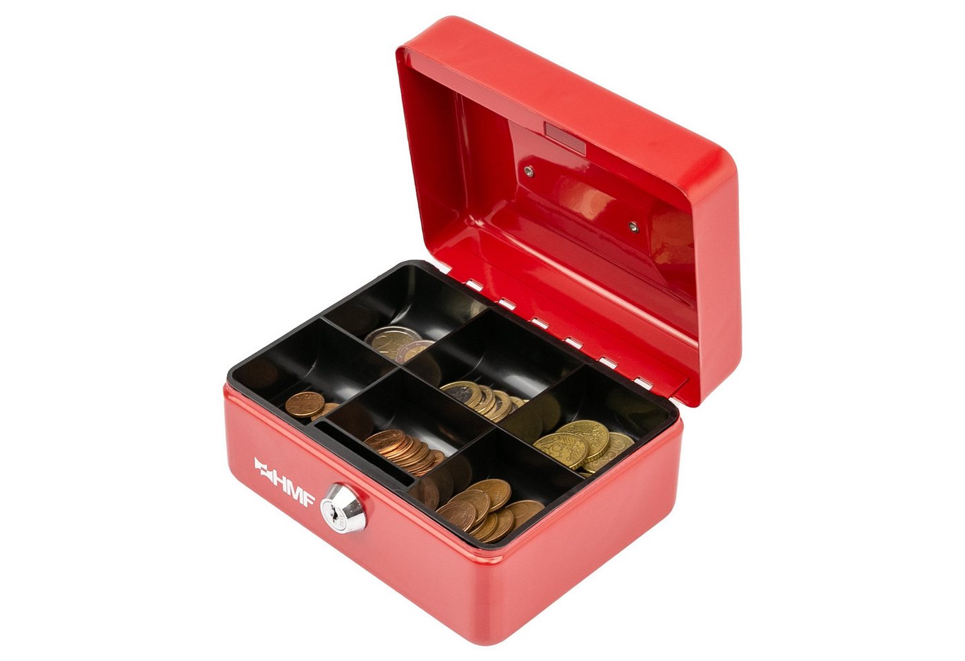 HMF Geldkassette Geldkassette abschließbar, Kasse mit Münzeinsatz, Geldkasse mit 6 Münzfächern 15 x 12 x 8 cm Rot – Bild 4 von 5