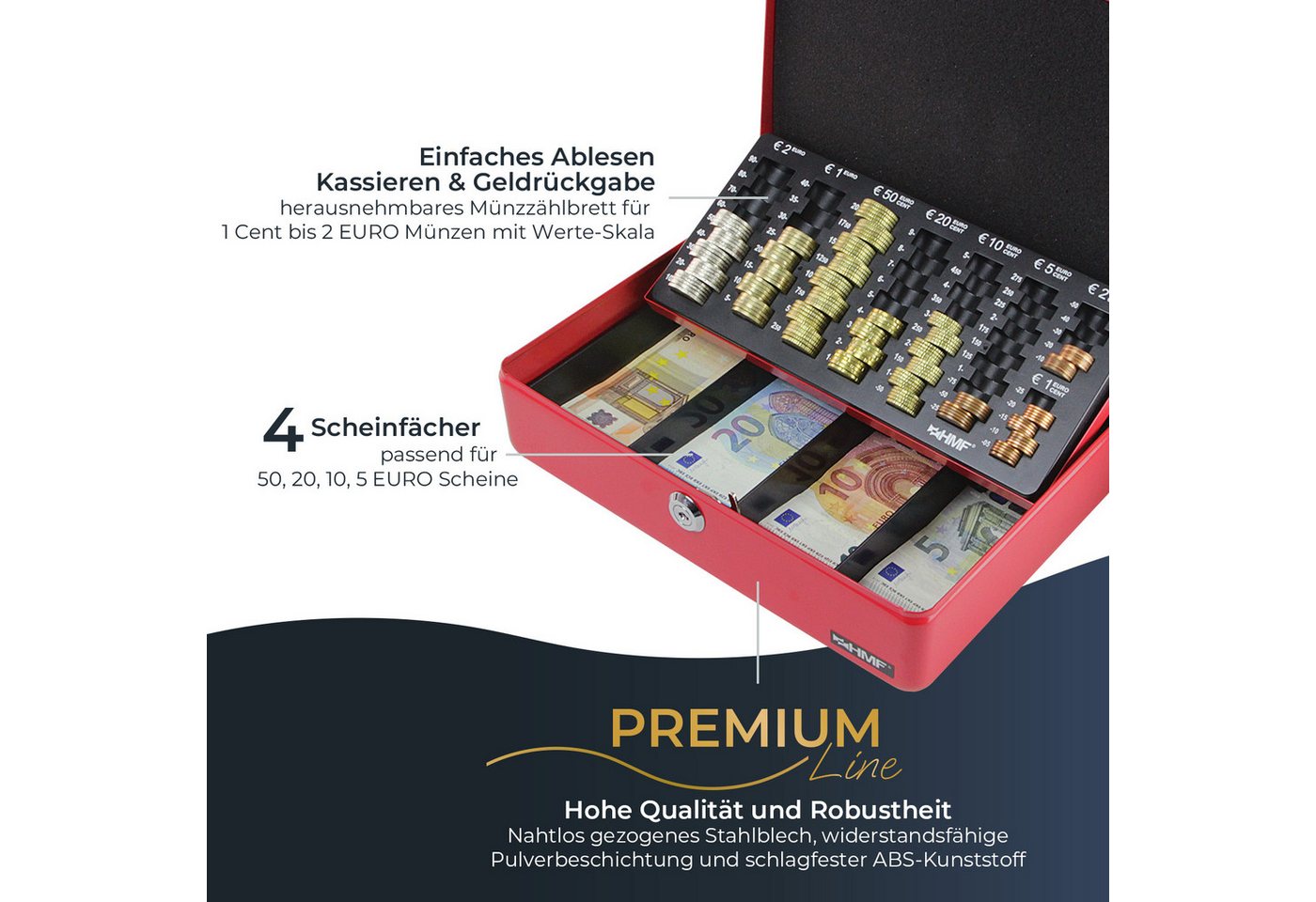 HMF Geldkassette Geldkassette abschließbar Kasse mit EURO-Münzzählbrett 4 Scheinfächer, hochwertige Geldzählkassette mit Schlüssel, 30 x 24 x 9 cm, rot – Bild 2 von 5