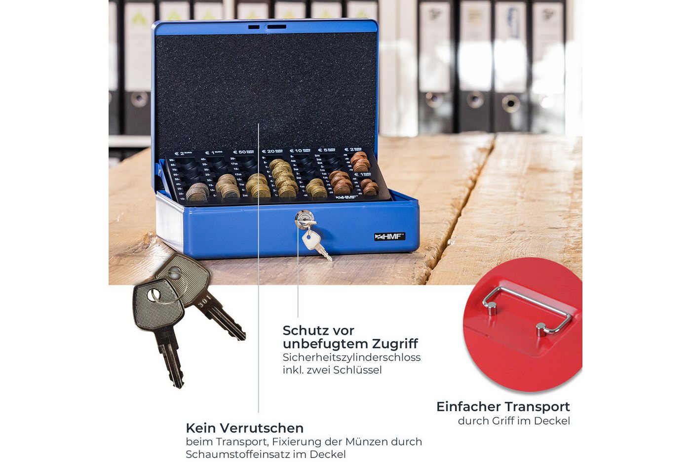HMF Geldkassette Geldkassette abschließbar Kasse mit EURO-Münzzählbrett 4 Scheinfächer, hochwertige Geldzählkassette mit Schlüssel, 30 x 24 x 9 cm, rot – Bild 4 von 5