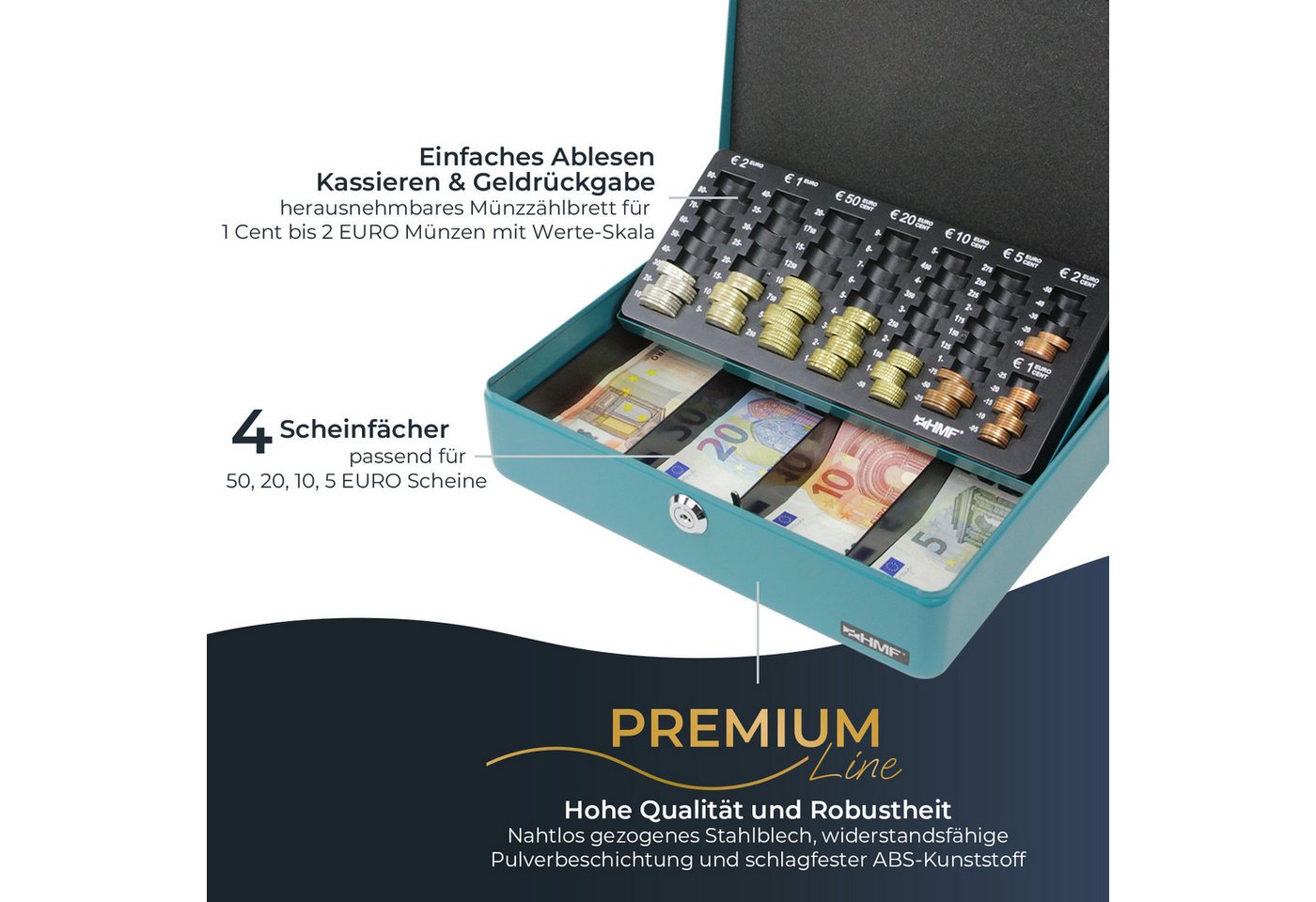HMF Geldkassette Geldkassette abschließbar Kasse mit EURO-Münzzählbrett 4 Scheinfächer, hochwertige Geldzählkassette mit Schlüssel, 30 x 24 x 9 cm, petrol – Bild 2 von 5