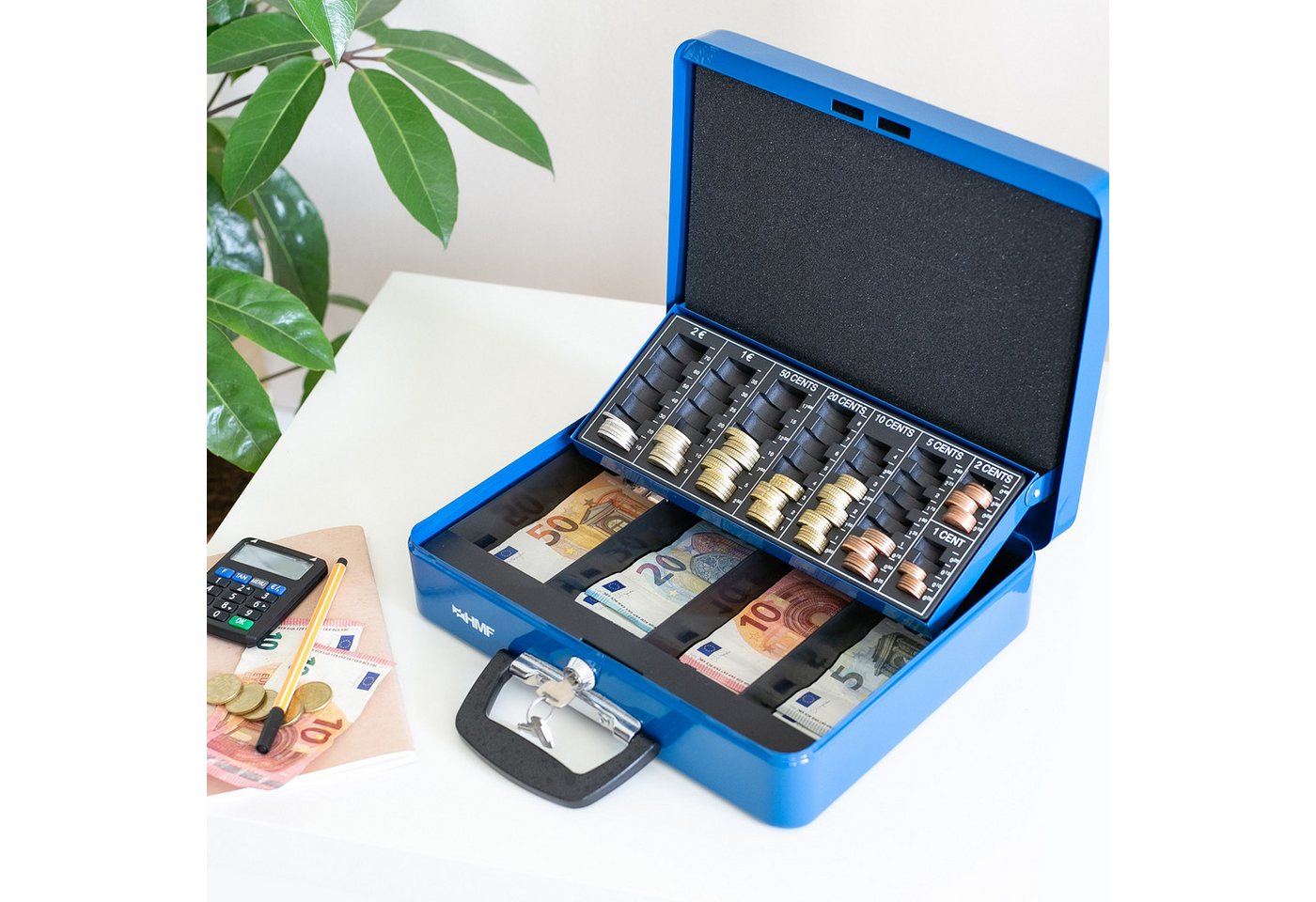 HMF Geldkassette Geldkassette abschließbar mit Münzzählbrett, Kasse mit Koffergriff, 30,5 x 24 x 8,5 cm, Blau – Bild 2 von 5