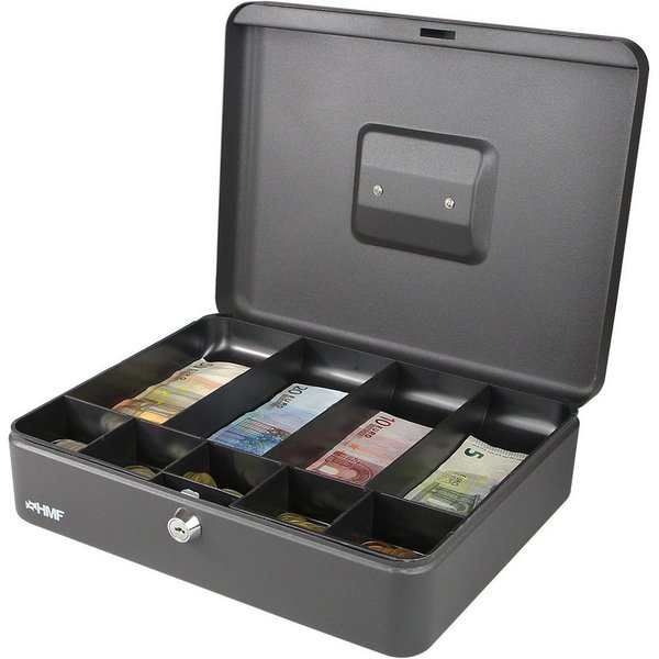 HMF Geldkassette Geldkassette abschließbar, Kasse mit Geldeinsatz, 5 Münzfächer, 4 Geldscheinmulden, 30 x 24 x 9 cm, Schwarz