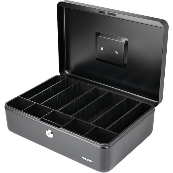 HMF Geldkassette Abschließbare Bargeldkasse, mit Münzeinsatz und 6 Trennwänden, individuelle Facheinteilung 36 x 25 x 11 cm, schwarz