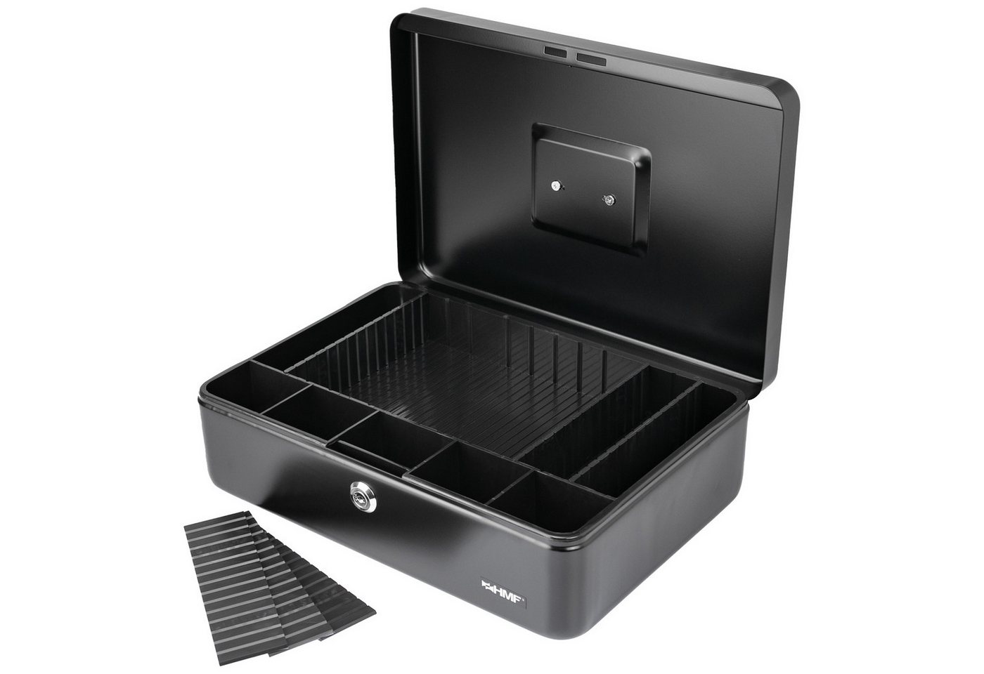 HMF Geldkassette Abschließbare Bargeldkasse, mit Münzeinsatz und 6 Trennwänden, individuelle Facheinteilung 36 x 25 x 11 cm, schwarz – Bild 3 von 5