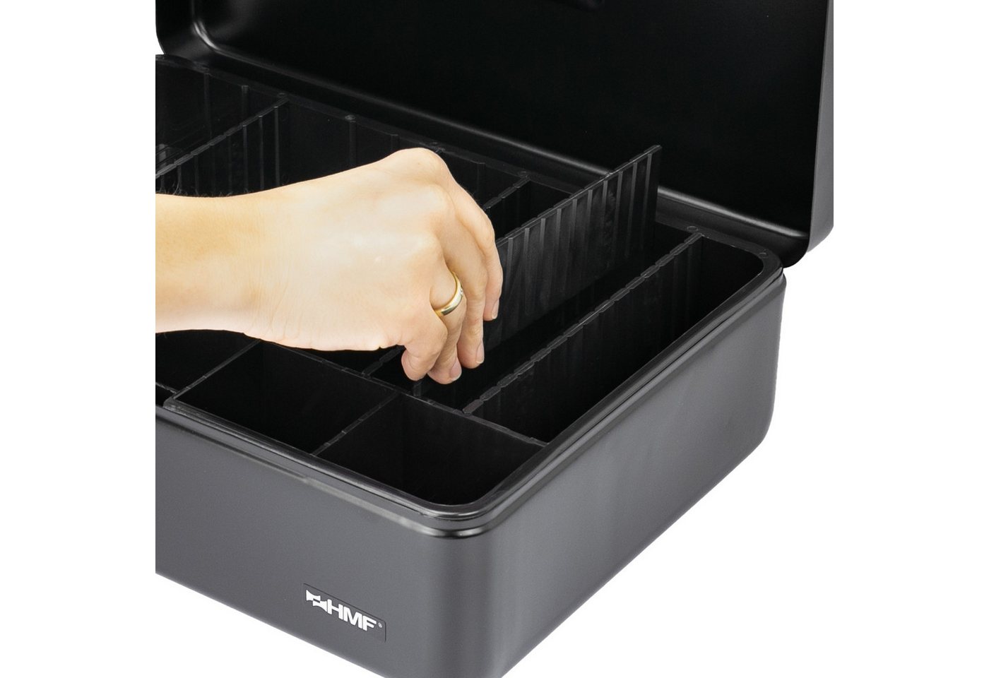 HMF Geldkassette Abschließbare Bargeldkasse, mit Münzeinsatz und 6 Trennwänden, individuelle Facheinteilung 36 x 25 x 11 cm, schwarz – Bild 4 von 5