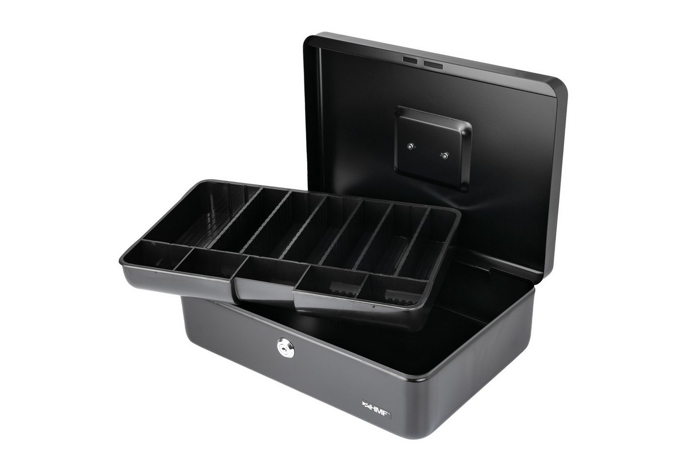 HMF Geldkassette Abschließbare Bargeldkasse, mit Münzeinsatz und 6 Trennwänden, individuelle Facheinteilung 36 x 25 x 11 cm, schwarz – Bild 5 von 5