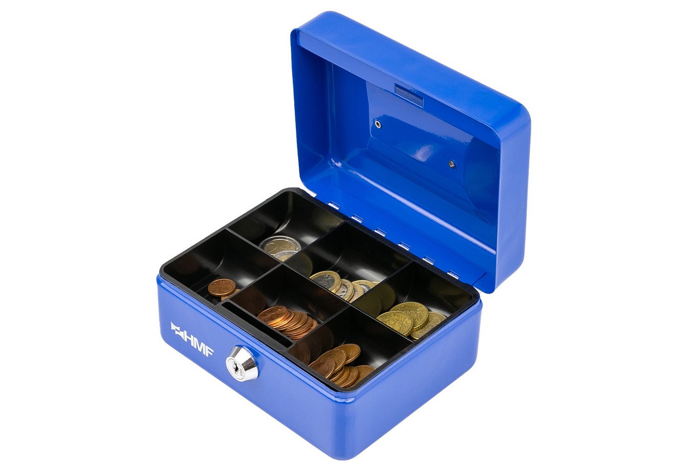HMF Geldkassette Abschließbare Bargeldkasse mit Münzeinsatz, Geldkasse mit 6 Münzfächern 15 x 12 x 8 cm Blau – Bild 4 von 5
